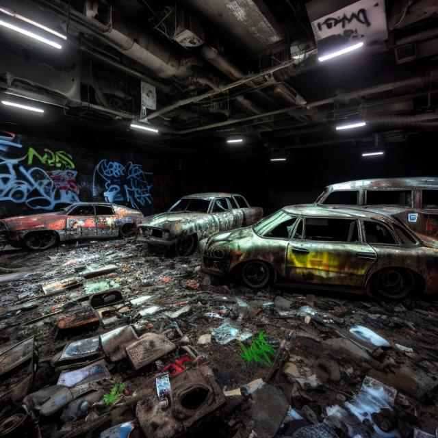 Prompt: The basement of the abandoned YouTube headquarters with the floor above it collapsed with several old abandoned cars that have fallen in and graffiti on the walls. 