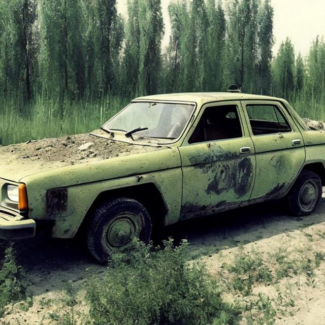 Prompt: An old radiated Soviet car from the 1980s grown into the ground with radioactive material around it in Chernobyl.