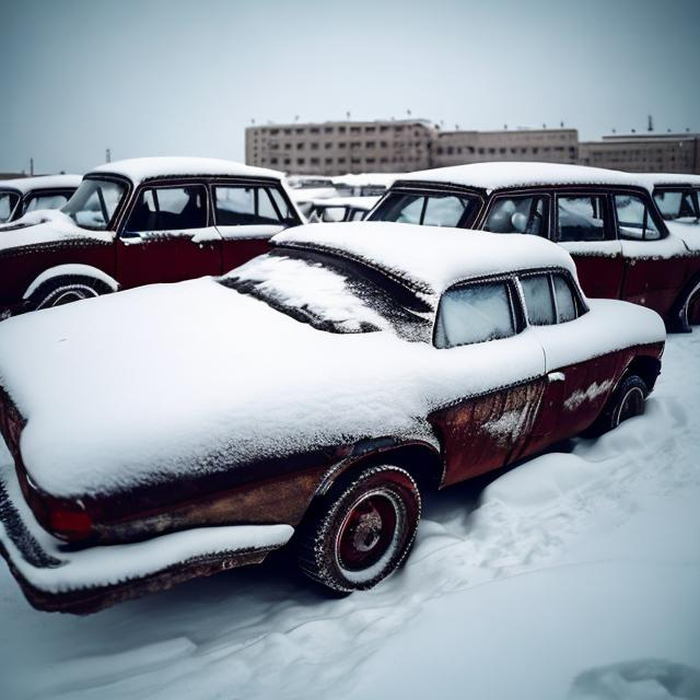 Prompt: Old Soviet cars buried underneath the snow in an abandoned Soviet town from the 1960s.