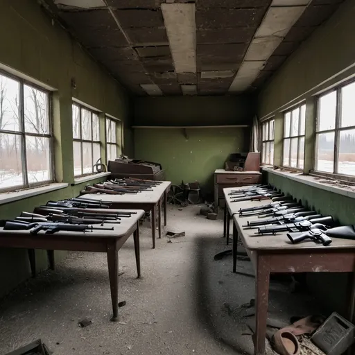 Prompt: Abandoned Soviet 1960s gun shop with some guns still inside and a work truck carrying some guns still inside collecting dust.