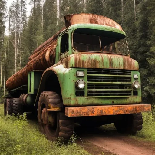 Prompt: Abandoned 1960s Soviet logging truck that is slightly tilted over in the forest and is still carrying a giant log on it that was never used.