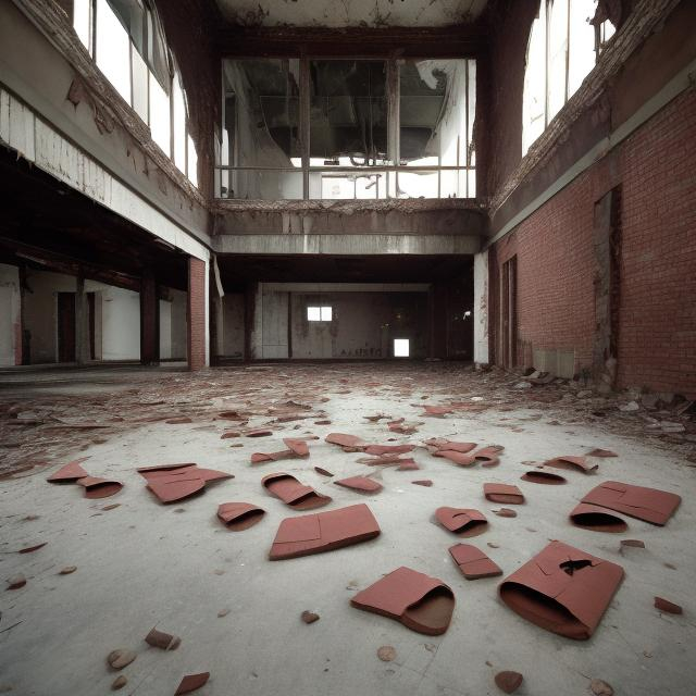 Prompt: Giant bell fragments on the floor of an abandoned giant office building from the 1960s.