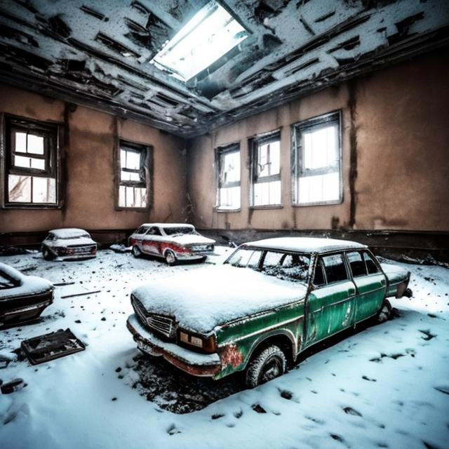 Prompt: An old abandoned Soviet office that is full with a lot of snow and old technology and a couple of crashed cars in it.