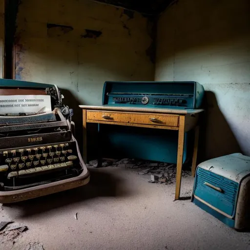 Prompt: Abandoned dusty desk with old papers on it and a broken typewriter in an abandoned Soviet office building from the 1960s with an abandoned Soviet car from the 1960s in the far corner of the room.