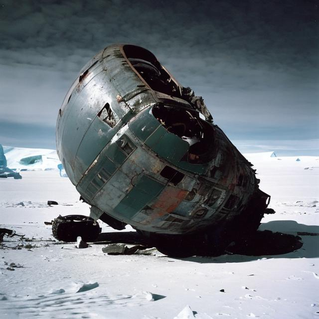 Prompt: An old crashed Soviet satellite in Antarctica.