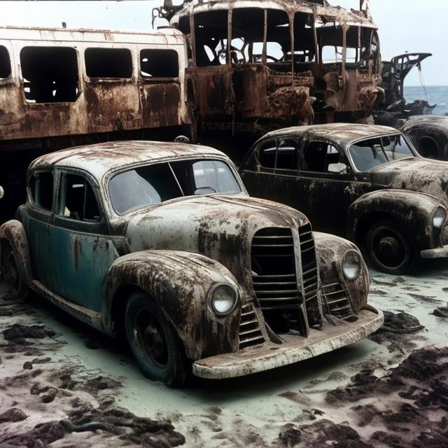 Prompt: Old cars being lifted up from the Mariana Trench,completely stripped of all colors and containing hundreds of bite marks.