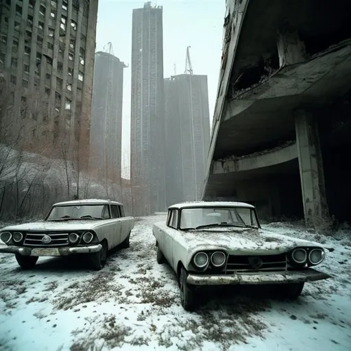 Prompt: Old 1960s Soviet cars mysteriously falling off of abandoned Soviet skyscrapers from the 1960s.