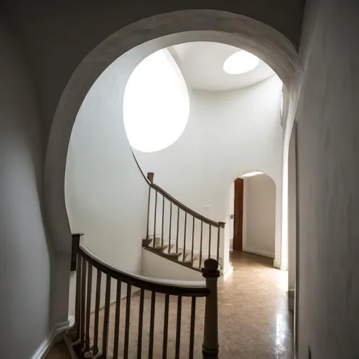 Prompt: Liminal space of a stairwell in a house with minimum lighting and a half circular window way in the background in the hallway.