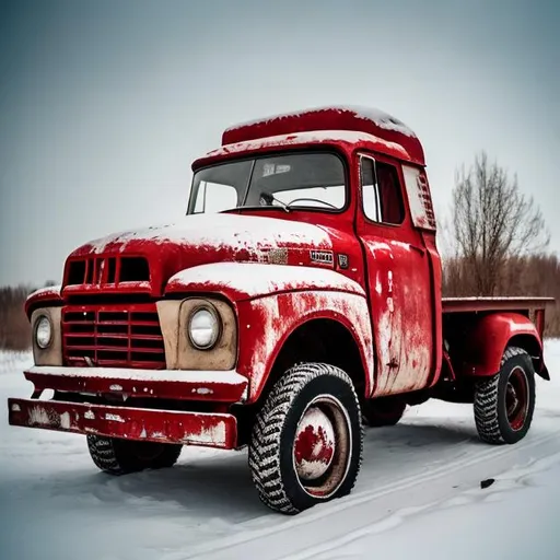 Prompt: A big red Soviet trucki from the 1960s sitting tilted over in the snow of an abandoned Soviet road from the 1960s.