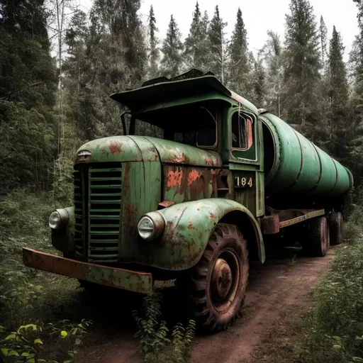 Prompt: Abandoned 1940s Soviet logging truck that is slightly tilted over in the forest and is still carrying a giant log on it that was never used.