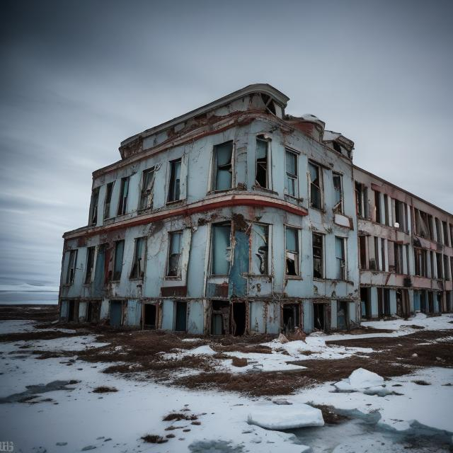 Prompt: An abandoned Soviet town in the middle of Antarctica lost to time.Still containing working cars,functional lights,and rotting but upright buildings.