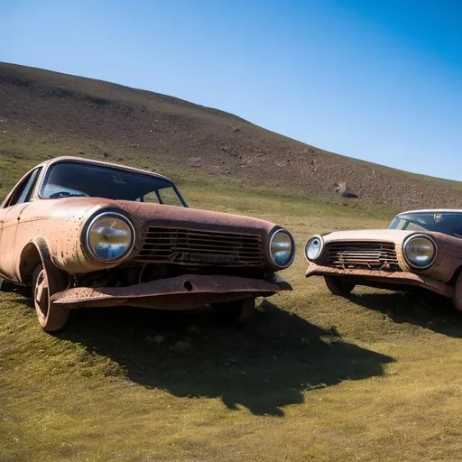 Prompt: Old abandoned 1960s Soviet cars flipped over on a hill with water seeping out.