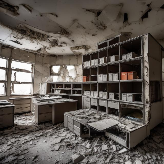 Prompt: Old abandoned Soviet office building from the 1960s with an old 1960s Soviet car crashed through it with multiple filing cabinets fallen on it.