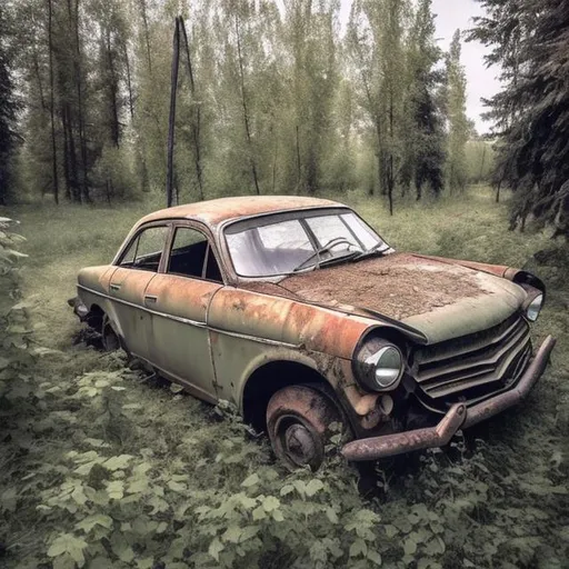 Prompt: An old abandoned crashed Soviet car from the 1960s with a pole sticking through it.