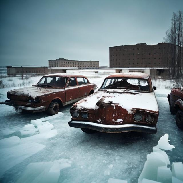 Prompt: Several old Soviet cars falling underneath the ice with a collapsing abandoned Soviet town in the background.