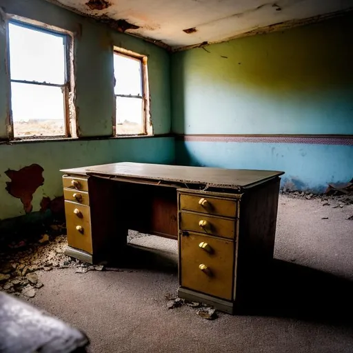 Prompt: Abandoned dusty desk in abandoned Soviet office building from the 1960s with an abandoned Soviet car from the 1960s in the far corner of the room.