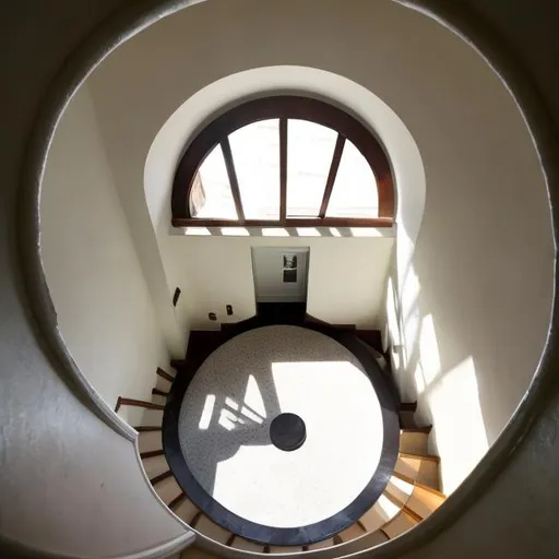 Prompt: Liminal space of a stairwell in a house with minimum lighting and a half circular window way in the background in the hallway.