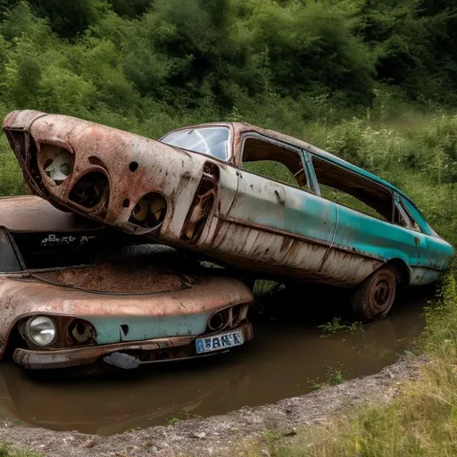 Prompt: Old abandoned 1960s Soviet cars flipped over on a hill with water seeping out.