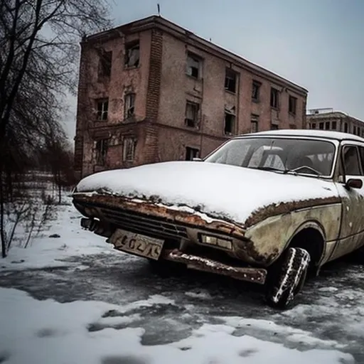 Prompt: Pictures showing a bunch of old Soviet cars stuck underneath the ice of a old dilapidated Soviet town. 