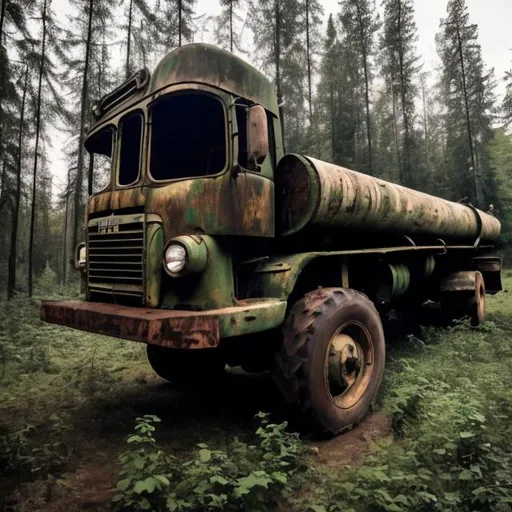 Prompt: Abandoned 1940s Soviet logging truck that is slightly tilted over in the forest and is still carrying a giant log on it that was never used.