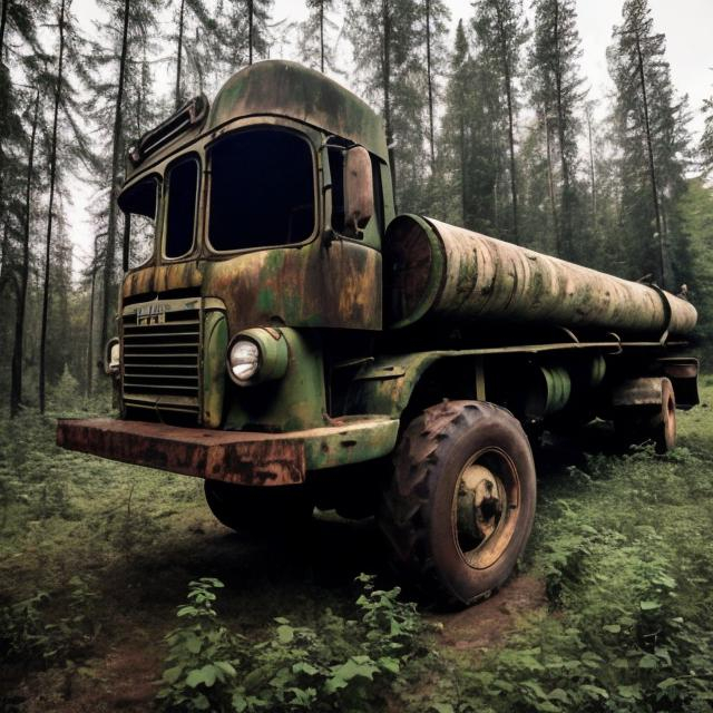 Prompt: Abandoned 1940s Soviet logging truck that is slightly tilted over in the forest and is still carrying a giant log on it that was never used.