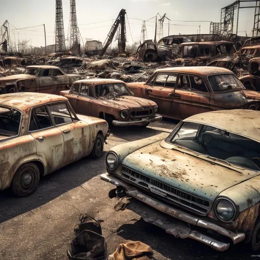 Prompt: Several old Soviet cars from the 1960s rotting away in a junkyard with several rotten abandoned Soviet cranes in it and piles of old trash in the background.
