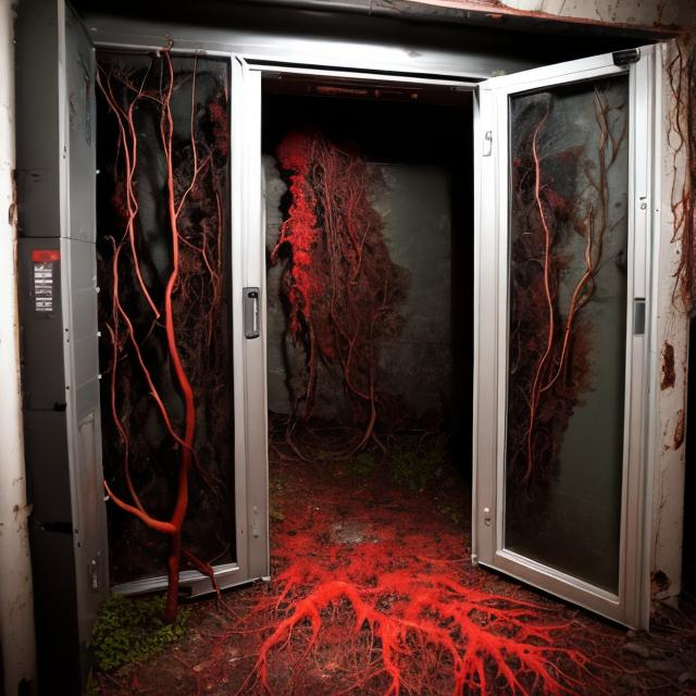 Prompt: Abandoned deep Root disease containment room Gemini Home Entertainment with its entrance door sealed shut with red roots growing around it trying to break free.