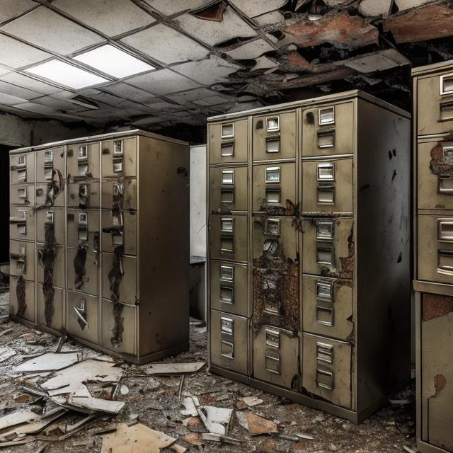 Prompt: Multiple collapsed metal file cabinets in an old abandoned Soviet office room.