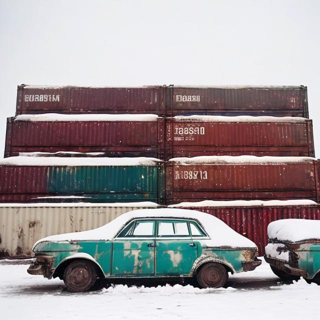 Prompt: Old Soviet containers containing Soviet cars from the 1960s spilling out their contents in the snow.