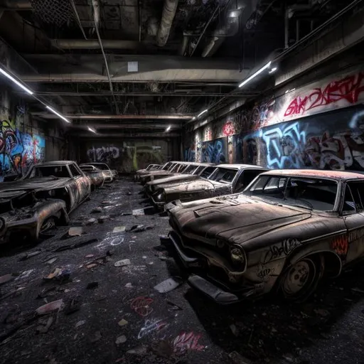 Prompt: The basement of the abandoned YouTube headquarters with the floor above it collapsed with several old abandoned cars that have fallen in and graffiti on the walls. 