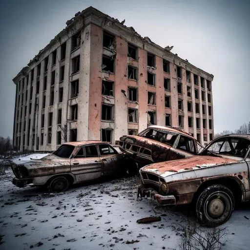 Prompt: An old abandoned collapsed Soviet building that is crushing several old cars.