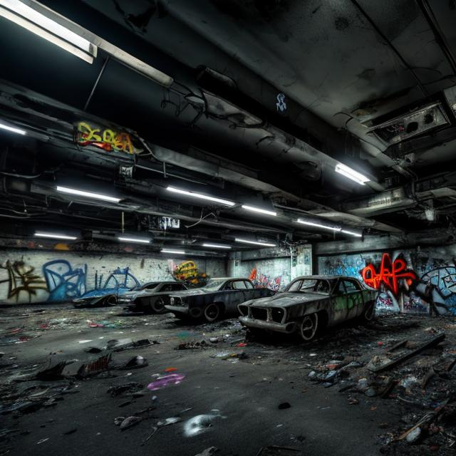 Prompt: The basement of the abandoned YouTube headquarters with the floor above it collapsed with several old abandoned cars that have fallen in and graffiti on the walls. 