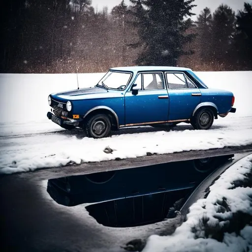 Prompt: Blue black Russian Lada from the 1970s sitting in a snowy ditch with cars passing it on the road next to it.