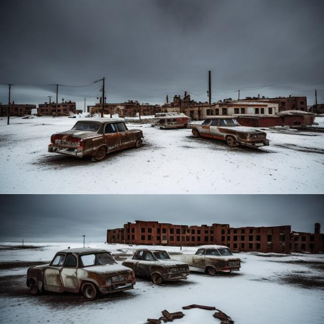 Prompt: An abandoned Soviet town in the middle of Antarctica lost to time.Still containing working cars,functional lights,and rotting but upright buildings.