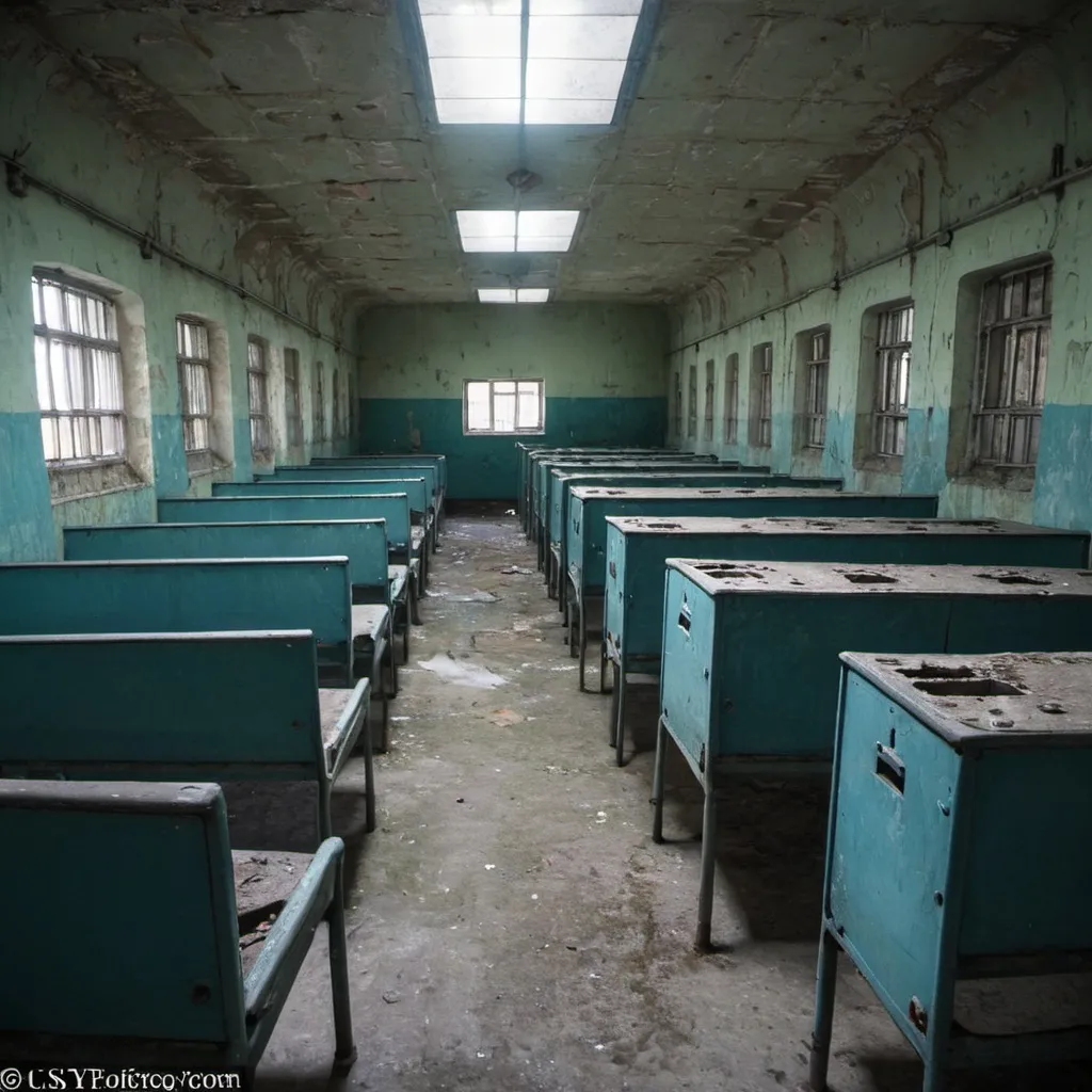 Prompt: Abandoned Soviet 1960s prison with abandoned Soviet prison buses from the 1960s.