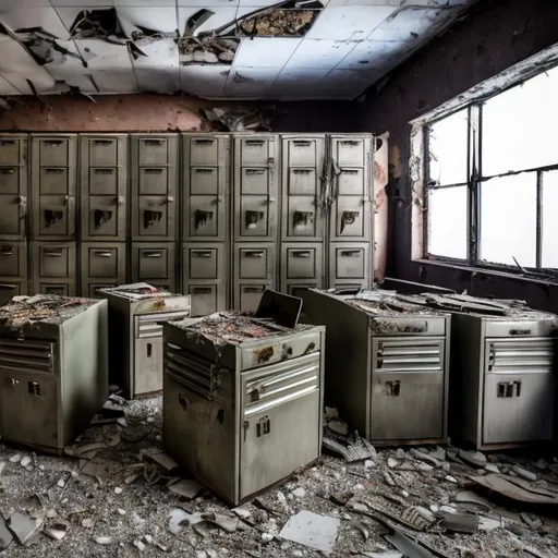 Prompt: Multiple collapsed metal file cabinets in an old abandoned Soviet office room.