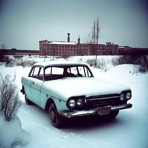 Prompt: A old Soviet car from the 1960s half stuck in the ice with an abandoned town in the distance covered in snow.
