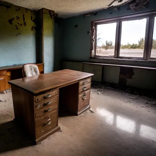 Prompt: Abandoned dusty desk with old papers on it in an abandoned Soviet office building from the 1960s with an abandoned Soviet car from the 1960s in the far corner of the room.