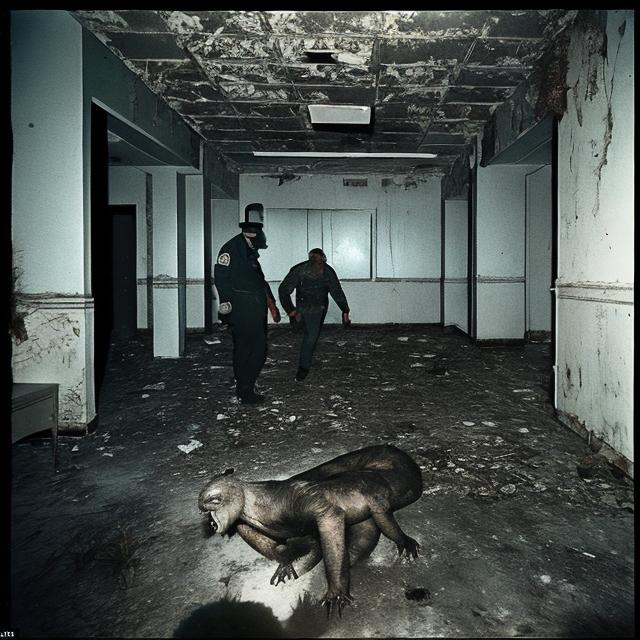 Prompt: Found footage of an urban explorer in an abandoned Soviet office building from the 1960s trying to hide from a creature with the last photo showing them getting caught.