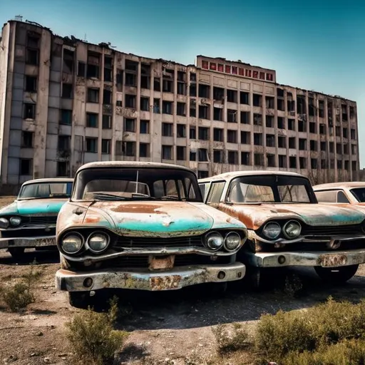 Prompt: Abandoned 1960s Soviet hotel with abandoned Soviet cars in the parking lot from the 1960s.