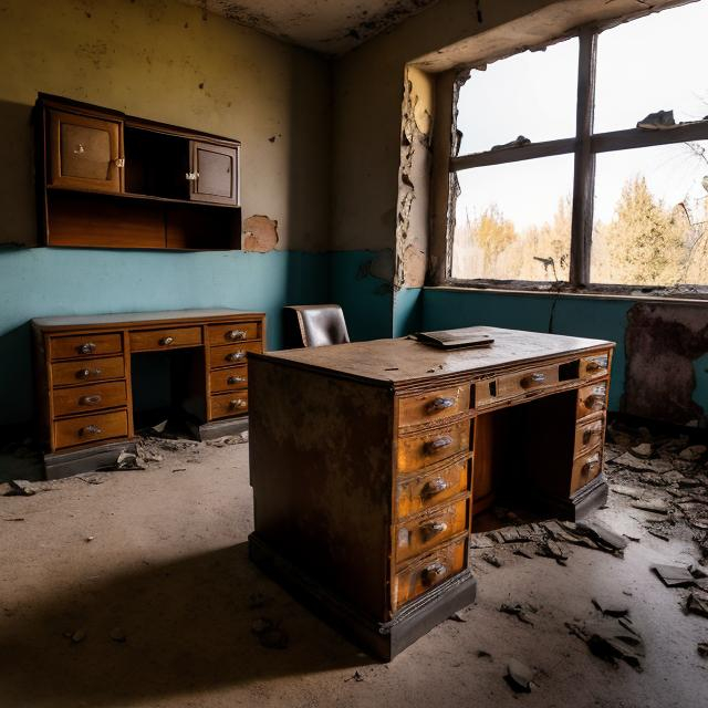 Prompt: Abandoned dusty desk with old papers on it in an abandoned Soviet office building from the 1960s with an abandoned Soviet car from the 1960s in the far corner of the room.