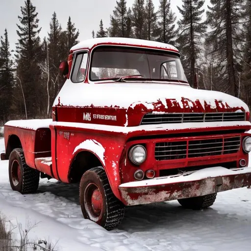 Prompt: A big red Soviet trucki from the 1960s sitting tilted over in the snow of an abandoned Soviet road from the 1960s.