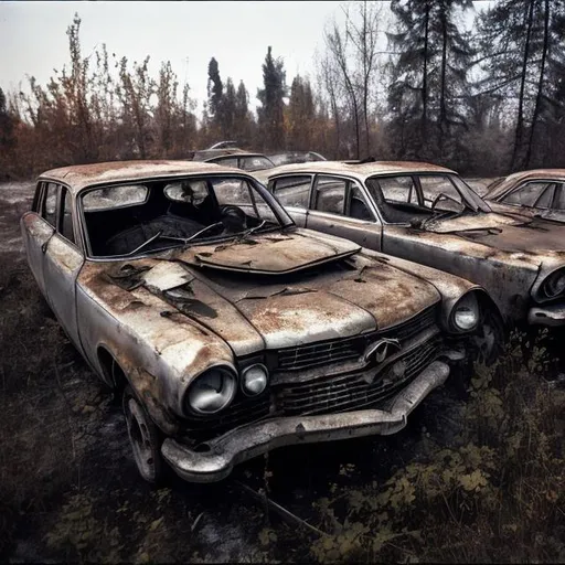 Prompt: Soviet car engines hanging outside of their damaged abandoned Soviet cars from the 1960s in an abandoned parking lot of an abandoned Soviet apartment from the 1960s.