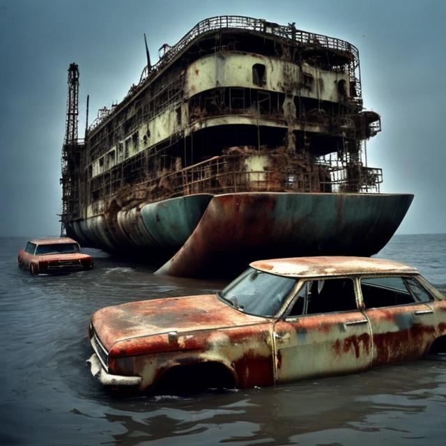 Prompt: Old Soviet cars from the 1960s sinking in an abandoned Soviet oil rig.