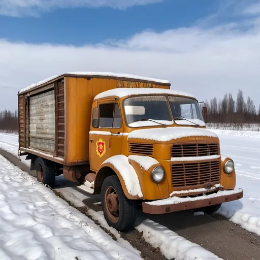 Prompt: Abandoned honey and milk truck from the Soviet Union 1960s sitting on the side of an abandoned road with snow everywhere with some old jars honey and milk still inside.
