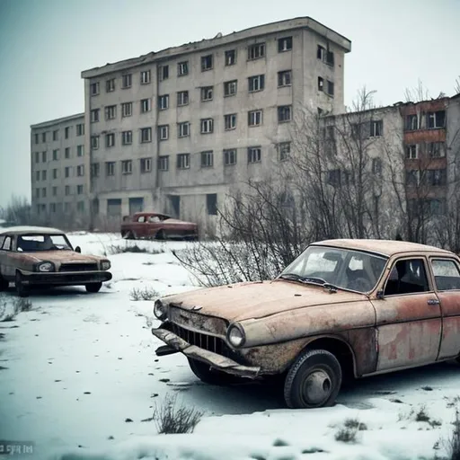 Prompt: Several old Soviet cars falling underneath the ice with a collapsing abandoned Soviet town in the background.