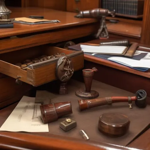 Prompt: Stalin's pipe laying in an open drawer in his office.