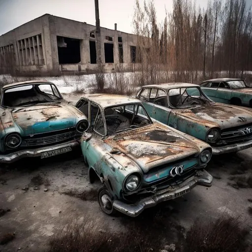 Prompt: Soviet car engines hanging outside of their damaged abandoned Soviet cars from the 1960s in an abandoned parking lot of an abandoned Soviet apartment from the 1960s.