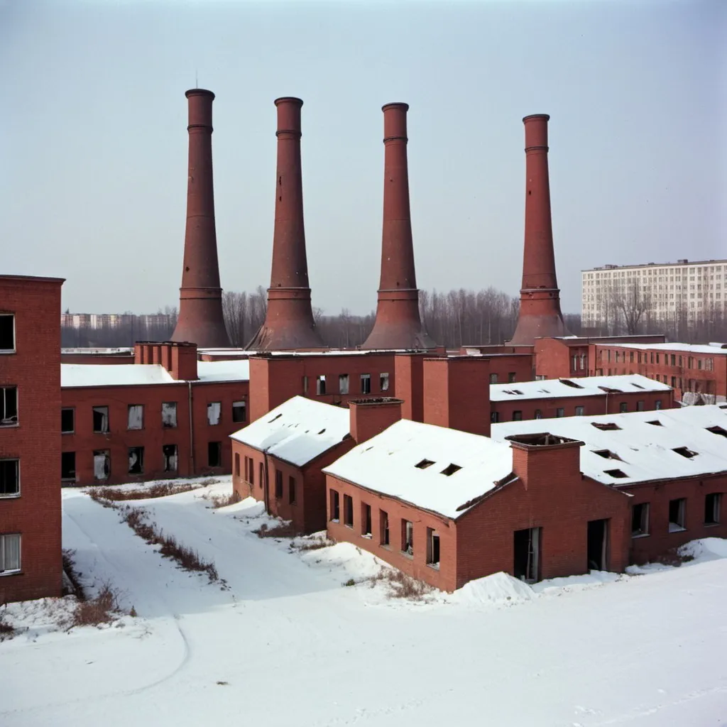 Prompt: Red toppled over large and skinny chimneys in the Soviet snow with abandoned brick buildings in the background from the 1960s.