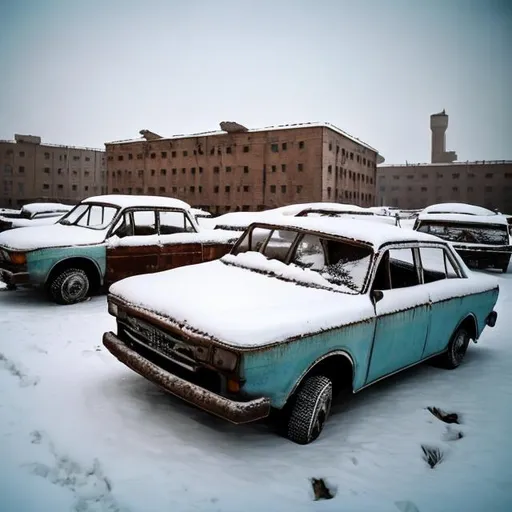 Prompt: Old Soviet cars buried underneath the snow in an abandoned Soviet town from the 1960s.